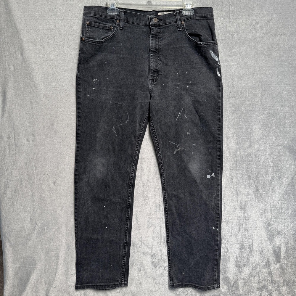 Wrangler Jeans Mens 38x29 Black Charcoal Regular Fit Straight Distressed Denim